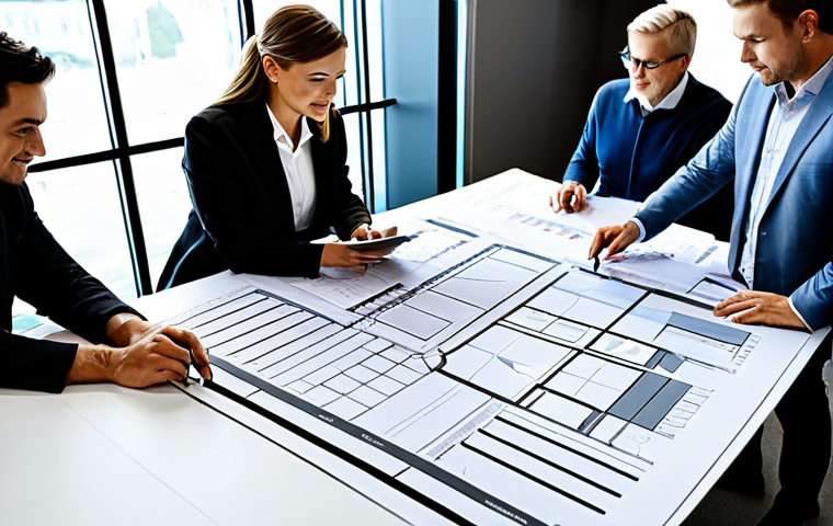 이벤트기획자 회의 준비 방법 - **
"A diverse team of event planners collaborating around a large table, reviewing blueprints and d...