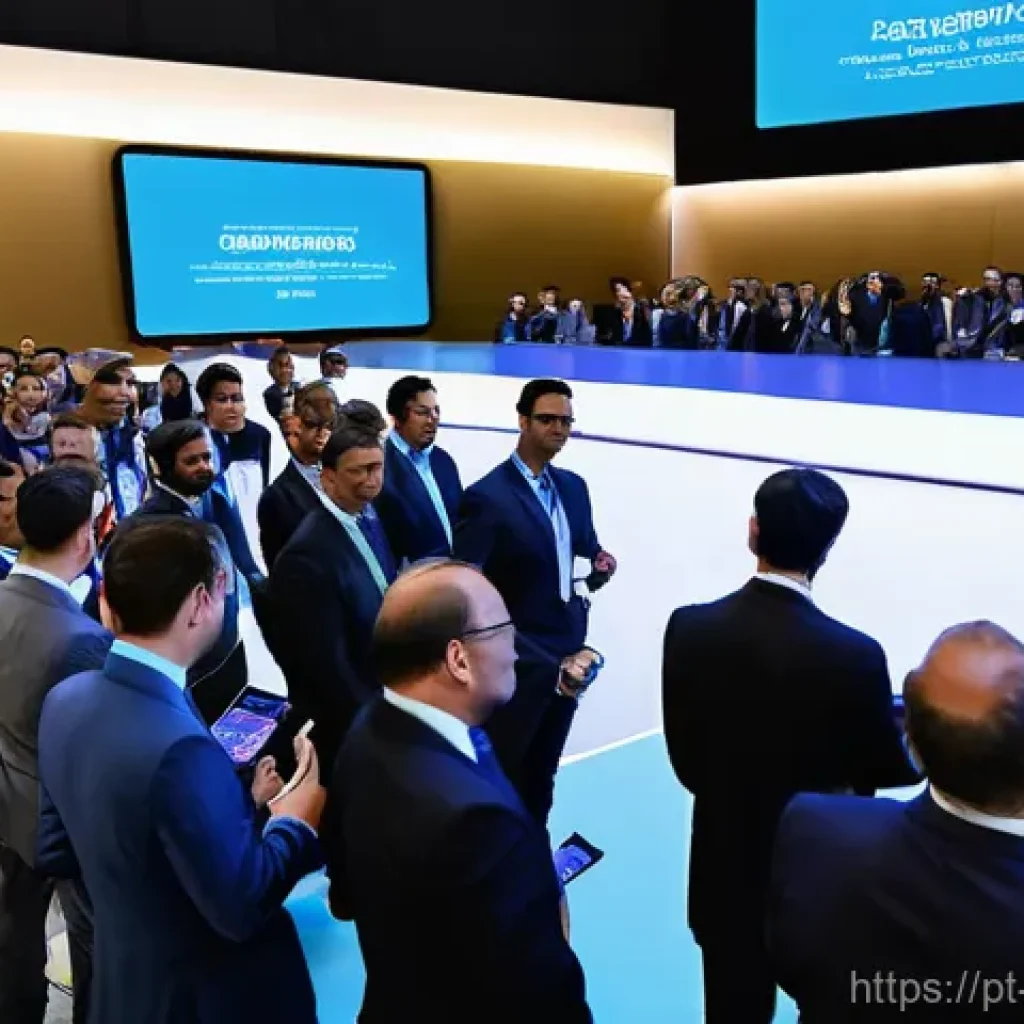 이벤트기획 업무 사례 공유 - **Prompt:** A dynamic, modern conference hall in Lisbon, Portugal, bustling with a diverse group of ...