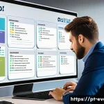 Home 13 이벤트기획 전문가가 되는 법 - A professional event planner in a modern office, surrounded by digital screens displaying project ma...