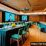 Home 17 이벤트기획 실습 사례 소개 - A modern corporate event setting inside a spacious, well-lit conference hall in São Paulo, Brazil, f...
