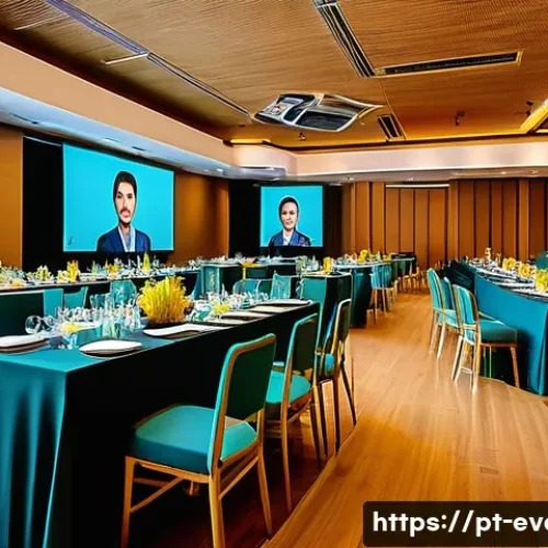 Home 29 이벤트기획 실습 사례 소개 - A modern corporate event setting inside a spacious, well-lit conference hall in São Paulo, Brazil, f...