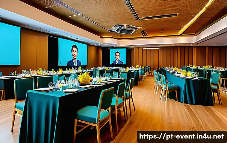 이벤트기획 실습 사례 소개 - A modern corporate event setting inside a spacious, well-lit conference hall in S&atilde;o Paulo, Brazil, f...