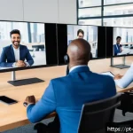 Home 21 이벤트기획자 자기 계발 추천 도서 - A professional event planner in a modern office setting, engaging in a video call with diverse clien...