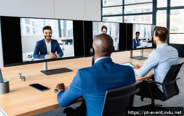 이벤트기획자 자기 계발 추천 도서 - A professional event planner in a modern office setting, engaging in a video call with diverse clien...